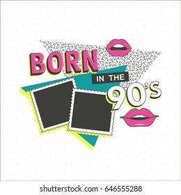 Template memphis poster with photo frame, lips and geometric ornaments elements. Back to the 90 s. Vector background in trendy 80s-90s.