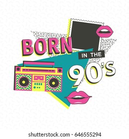 Template memphis poster with photo frame, lips and geometric ornaments elements. Back to the 90 s. Vector background in trendy 80s-90s.