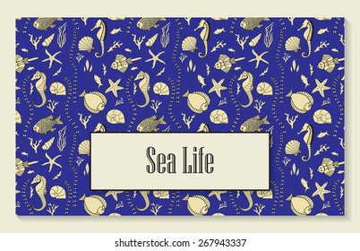 Template for menu, booklet or invitation with seamless pattern that includes hand drawn fishes, corrals, shells, seaweeds and sea-horses.