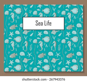 Template for menu, booklet or invitation with seamless pattern that includes hand drawn fishes, corrals, shells, seaweeds and sea-horses.