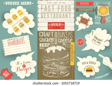 Template Menu for Burger House, Colorful Placemat, Table Mat for Restaurant in Retro Style with Hand-drawn Graphic and Infographic. Vector Illustration.