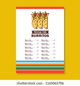 The template menu. Burritos. A popular Mexican fast food dish. Vector illustration.