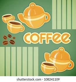 Template menu of coffee - coffee cups, coffee pot and coffee beans in retro style - vector illustration