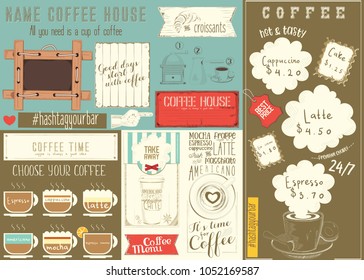 Template Menu for Coffee House, Color Placemat for Restaurant in Vintage Style with Hand-drawn Graphic and Infographic. Vector Illustration.