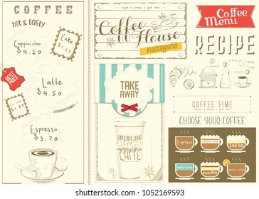 Template Menu for Coffee House, Placemat for Restaurant in Vintage Style with Hand-drawn Graphic and Infographic on White Background. Vector Illustration.