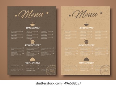 Template menu for coffee shop, restaurant. Design in the retro style, brown color with old cardboard texture. Vector illustration. Set