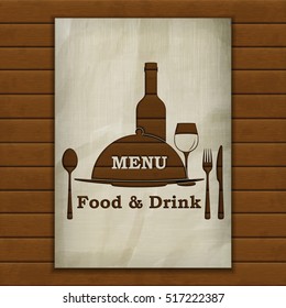 Template menu cover, stencil from old paper on the background of wooden boards. Isolated objects, the substrate can be removed or put your background image.