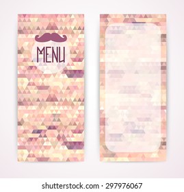 The template menu design for cafes, restaurants, coffee shops, etc.. Hipster style. Background of triangles with a mustache.