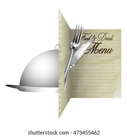 Template menu header food and drink, with a knife and fork to eat a dish shared a piece of paper. Isolated object on a white background, can be used with any background text or image.