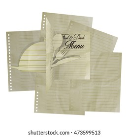 Template menu header food and drink, with a knife and fork to eat a dish of paper separates a sheet of paper. Isolated object on a white background, can be used with any background text or image.