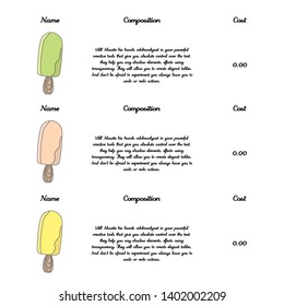 Template for a menu of ice cream in the cafe. Color vector illustration of ice cream on stick on isolated background. Place to write the composition of the product, its cost and name. 04
