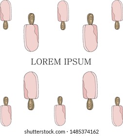 Template for a menu of ice cream in the cafe. Vector illustration of pink ice cream on a stick on an isolated background. 