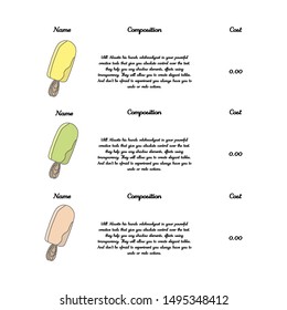 Template for a menu of ice cream in the cafe. Color vector illustration of ice cream on stick on isolated background. Place to write the composition of the product, its cost and name. 07