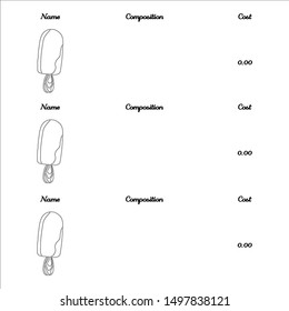 Template for a menu of ice cream in the cafe. Vector illustration of ice cream on a stick on an isolated background. A place to write the composition of the product, its cost and name.03