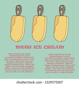 Template for a menu of ice cream in the cafe. Vector illustration of pink ice cream on a stick on an isolated background. Place to write the composition of the product, its cost and name. 02_0
