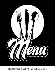 Plantilla para menú con inscripción y tenedor, cuchara, cuchillo. Ilustración vectorial.