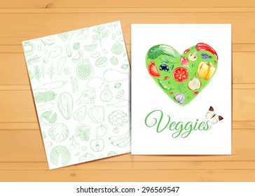 Template for menu, leaflet, booklet. Watercolor vector background with vegetarian food.  Healthy. Heart from vegetables. Sketch. Isolated elements for easy use.