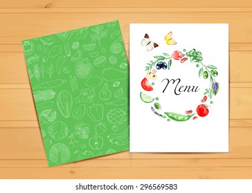 Template for menu, leaflet, booklet. Watercolor vector background with vegetarian food. Healthy. Wreath from vegetables. Sketch. Isolated elements for easy use.