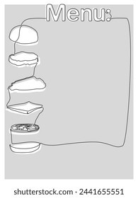 Una plantilla para el menú. Una línea pasa por los componentes de la hamburguesa y la palabra "Menú". Fondo gris. Componentes de la hamburguesa: pan superior e inferior, chuleta, hoja de ensalada, queso, rodaja de tomate. Ilustración vectorial.