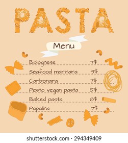 Template menu  pasta. The word "pasta" is lined with different kinds of pasta.  Editable Vector illustration