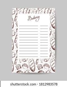 Template for menu, poster for bakery, cafe or shop with space for text. Bakery product elements and lettering. Vintage style design. Hand Drawn vector illustration.