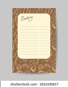 Vorlage für Menü, Poster für Bäckerei, Café oder Shop mit Platz für Text. Backwaren-Elemente und Schriften. Vintage-Design. Handgezeichnete Vektorgrafik.