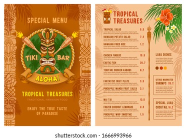 Template for menu of Tiki bar or club. Cover and back side. Drinks and food. Traditional Tiki mask, torches and tropical plants and flowers. Vector illustration.