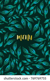 template of menu for vegan restaurant, leaves background, natural food