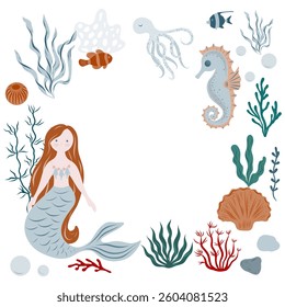 Template with mermaid, octopus, sea horse and ocean elements. Marine fairytale Background for invitation or greeting cards. Illustration of underwater Frame