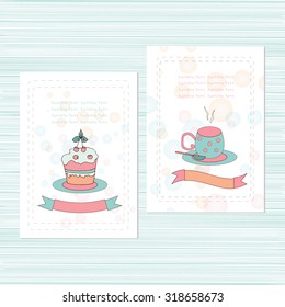 Template. Merry card, invitation, greetings. Image - cup cake. Doodle, sketch.