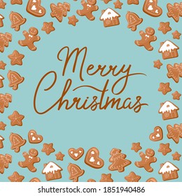 Template Merry Christmas. In the background is a pattern of Christmas gingerbread. New Year's Banner, isolated on white in cartoon style.