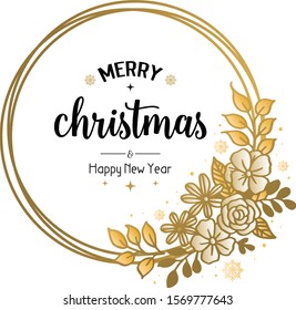 Template merry christmas and happy new year, with circle shape design of leaf floral frame. Vector