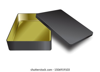 Template of metal box with cover up. Vector yellow inside and black outside realistic box