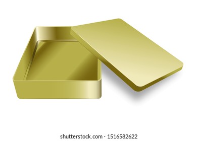 Template of metal box with cover up. Vector golden color realistic box