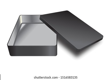 Template of metal box with cover up. Vector silver inside and black outside realistic box