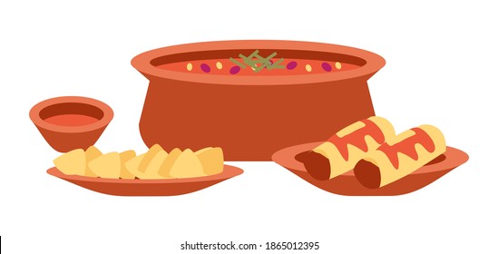 Template for mexican cafe or restaurant. Mexican cuisine dishes flat vector illustration. Demonstration of serving nachos and burrito. Large saucepan with sauce isolated on white background