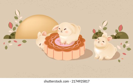 Template for Mid Autumn Festival greeting card. Big full moon among leaves on texture background. Funny rabbits sitting on baked mooncake with pattern. Vector illustration for traditional holiday