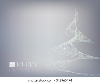 Template of minimal Christmas card with unusual christmas tree of thin white strips. Simple vector graphic layout