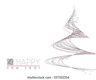 Template of minimal Happy New Year card with unusual Christmas tree of thin black, gray and red strips. Simple vector graphic layout