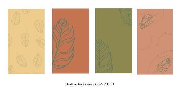 Template in minimalistic style with leaves elements in line art style, floral frame, banner for social media post, card, cover, wedding invitation, poster, mobile apps, web ads,  vector illustration