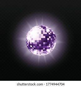 Plantilla de bola disco púrpura espejo con luces brillantes en ráfaga, ilustración vectorial realista aislada en el fondo negro. Símbolo retro de música y fiesta de baile.