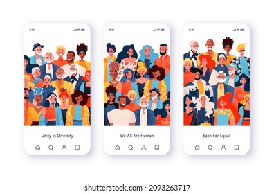 Template for mobile app page with сoncept of equality between people. Portraits of smiling vector people of different gender, nationalities, age and ethnicity standing together. 