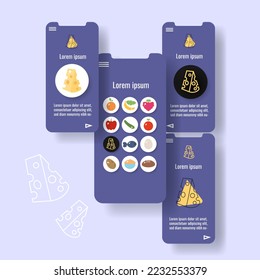 Plantilla de página de aplicación móvil con productos lácteos de queso duro. Ilustración vectorial del icono de contorno alimentario