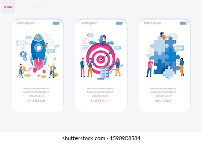 Template for mobile app page, Startup, Strategy, Solution with tinny business people. Vector illustration for Interface, web banner, infographics, mobile.