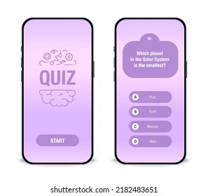 The template of the mobile application interface for the quiz on a purple background. Test, exam, questions and answers for a TV show. Vector illustration 