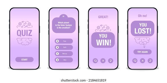 The template of the mobile application interface for the quiz on a purple background. Test, exam, questions and answers for a TV show. Vector illustration 