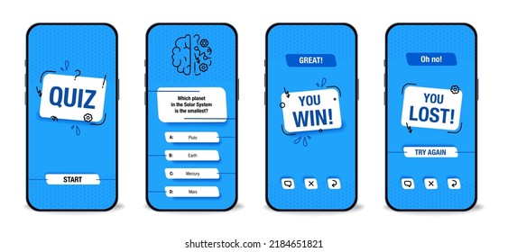 The template of the mobile application interface for the quiz on a blue background. Test, exam, questions and answers for a TV show. Vector illustration 