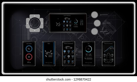 Template mobile application, for management and diagnosis of cars, service application for diagnosis, the background is made in the style of drawings. vector image.