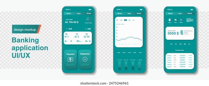 Template with mobile application pages. Financial system user interface design for mobile application UIUX. Financial and money transfer management. Infographic with analytics and transaction chart