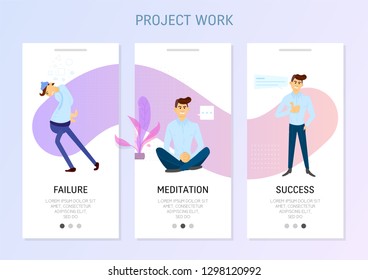 Template for mobile applications. Character upset, meditation and success.